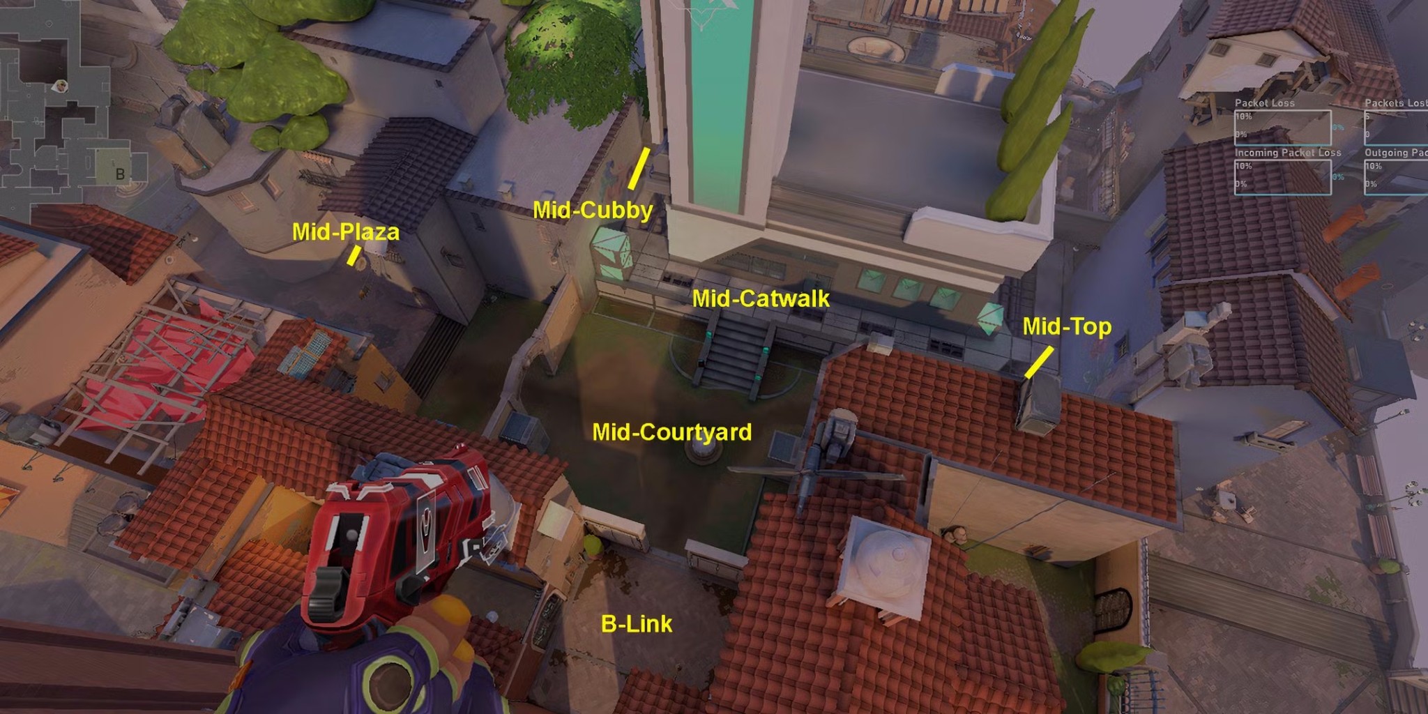 Top-down tactical view of mid courtyard control strategy on a competitive map