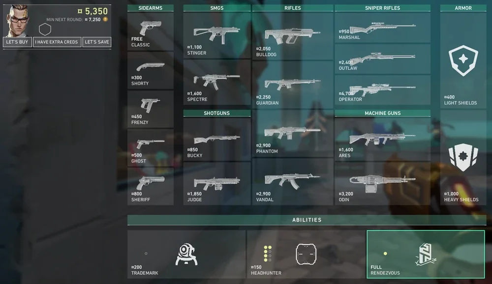 Player navigating the tactical buy menu during the pre-round phase